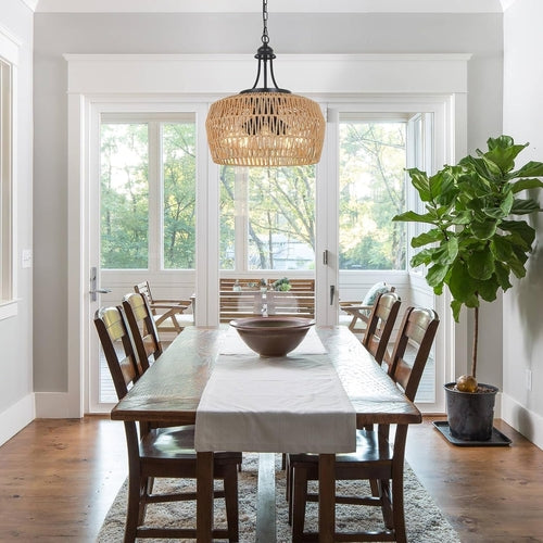 Large Rattan Boho Chandelier – 5-Light Coastal Dining Room Fixture