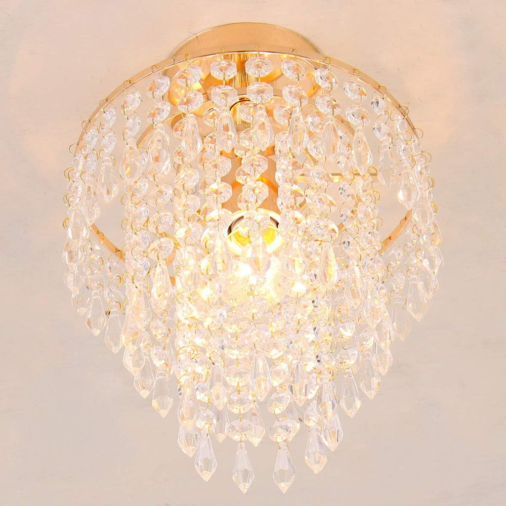 Mini Gold Crystal Chandelier – 3-Tier Raindrop Flush Mount Fixture