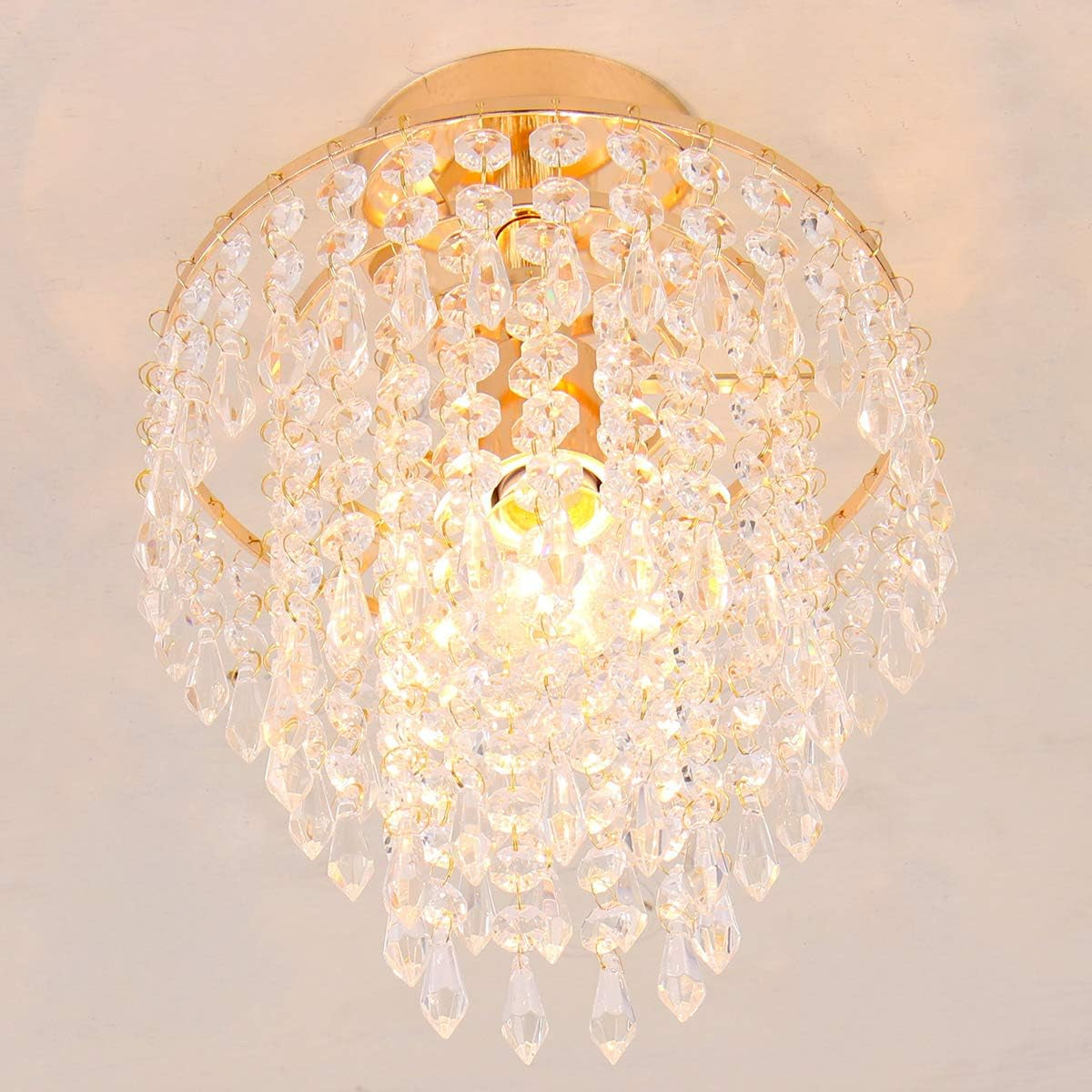 Mini Gold Crystal Chandelier – 3-Tier Raindrop Flush Mount Fixture