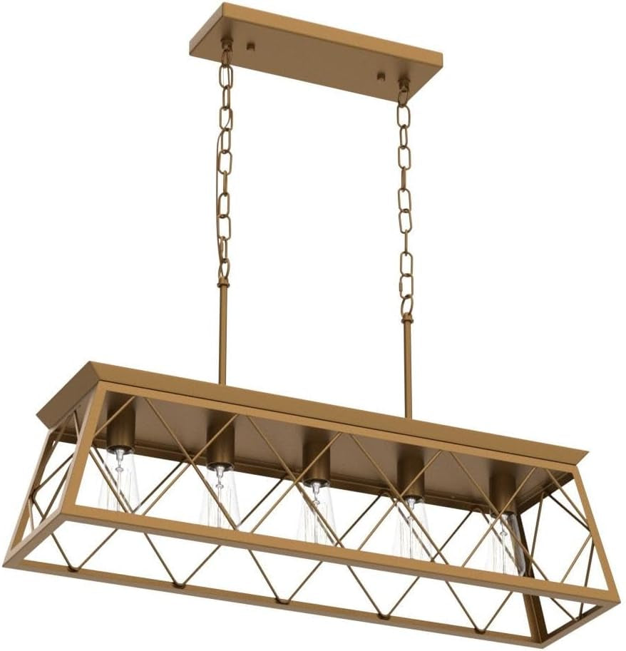 Gold Linear Farmhouse Chandelier – 5-Light Dining Room Ceiling Fixture