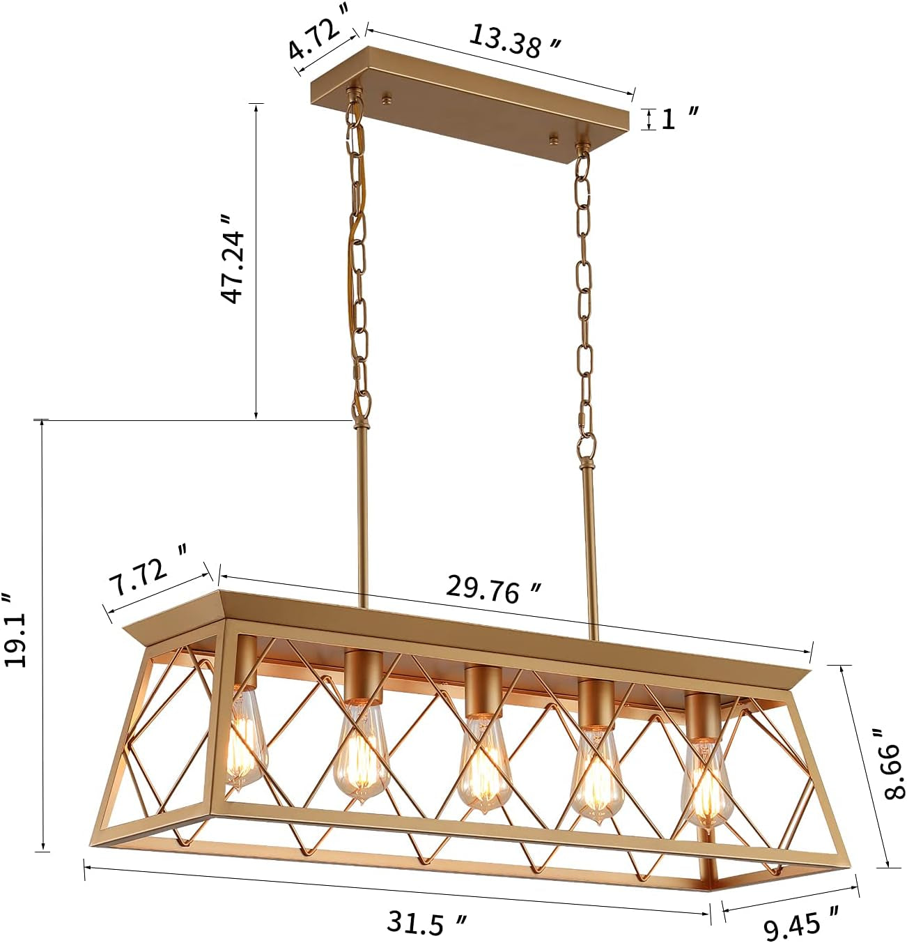 Gold Linear Farmhouse Chandelier – 5-Light Dining Room Ceiling Fixture