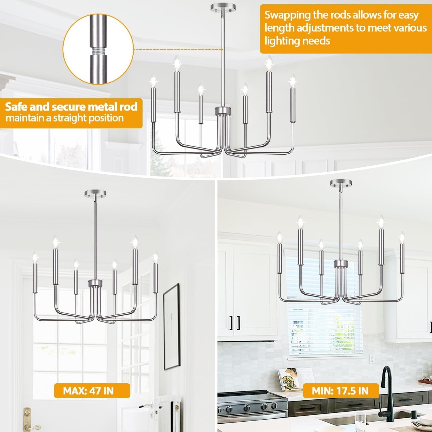 Brushed Nickel Farmhouse Chandelier – 6-Light Dining Room Fixture
