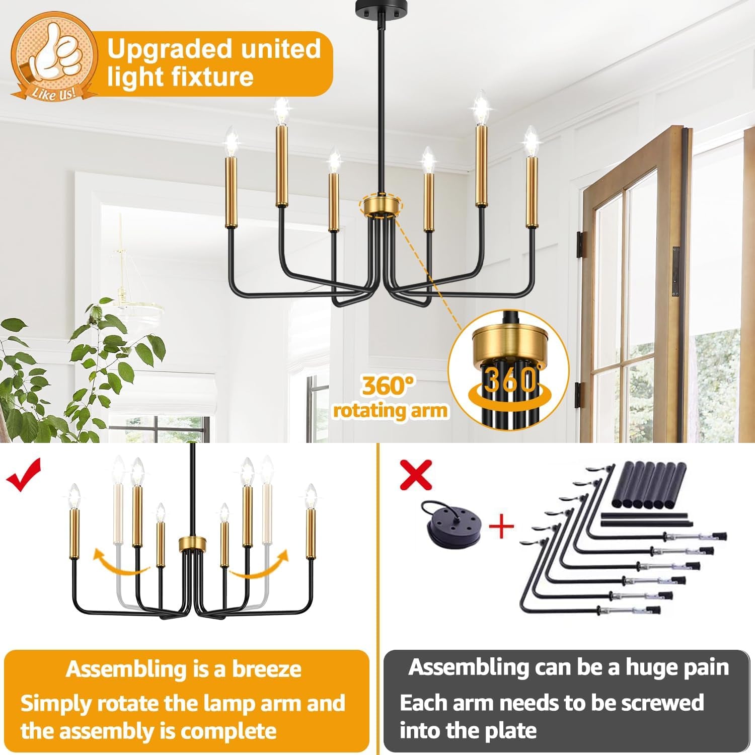 Black & Gold Farmhouse Chandelier – 6-Light Dining Room Fixture