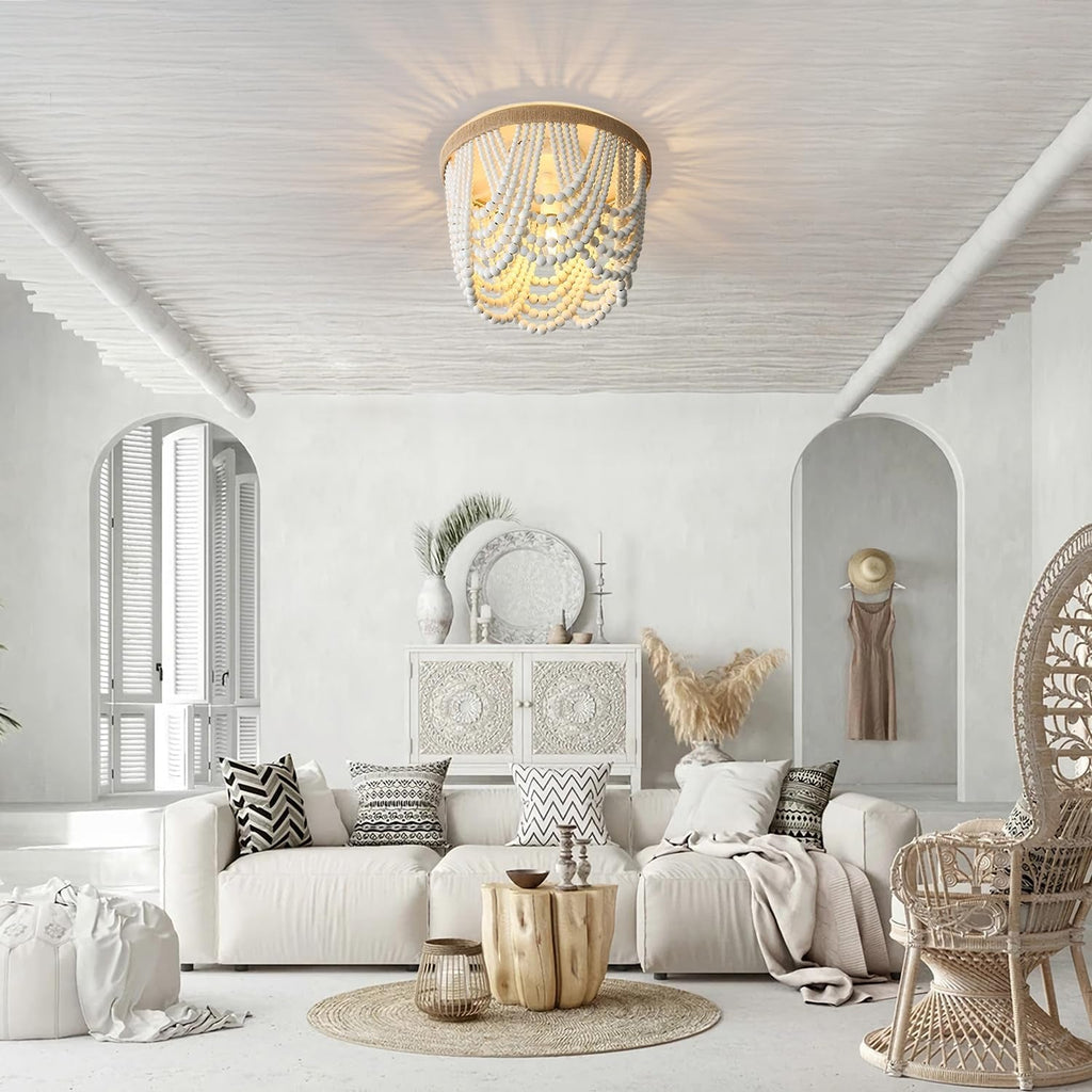 Coastal White Wood Beaded Chandelier – 3-Light Boho Ceiling Fixture