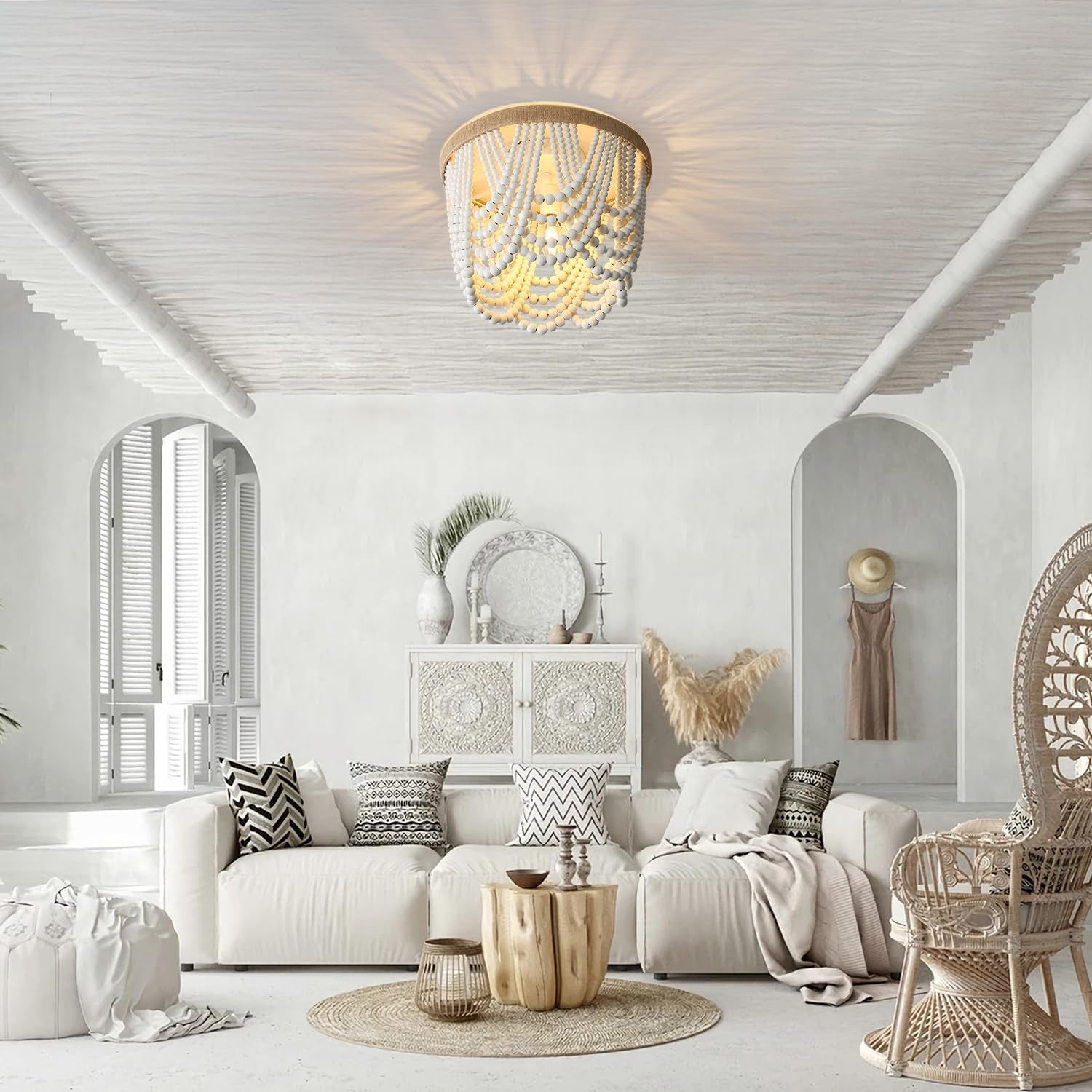 Coastal White Wood Beaded Chandelier – 3-Light Boho Ceiling Fixture