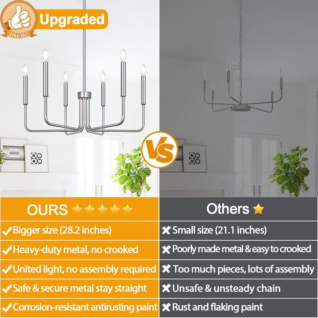 Brushed Nickel Farmhouse Chandelier – 6-Light Dining Room Fixture