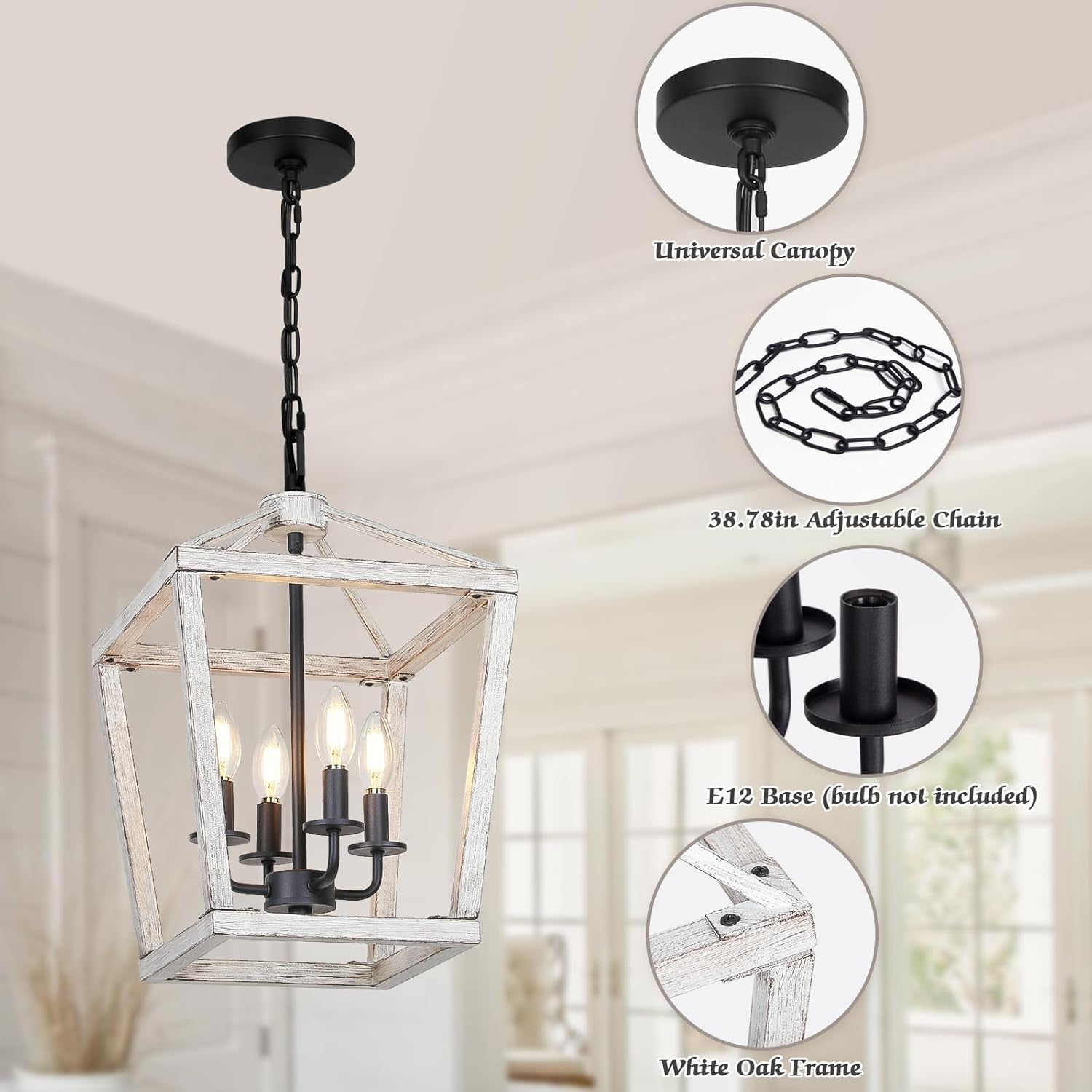 Rustic White Oak Chandelier – 4-Light Coastal Farmhouse Fixture