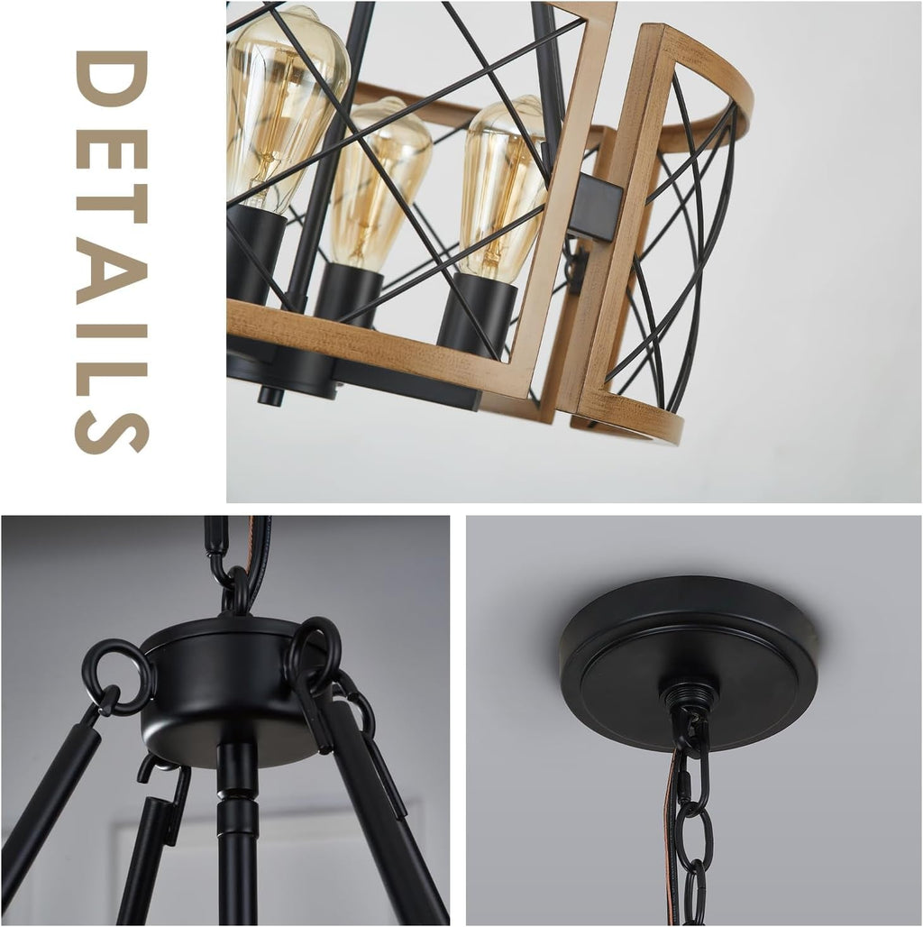 Black & Oak Farmhouse Chandelier – 4-Light Rustic Ceiling Fixture (19”)