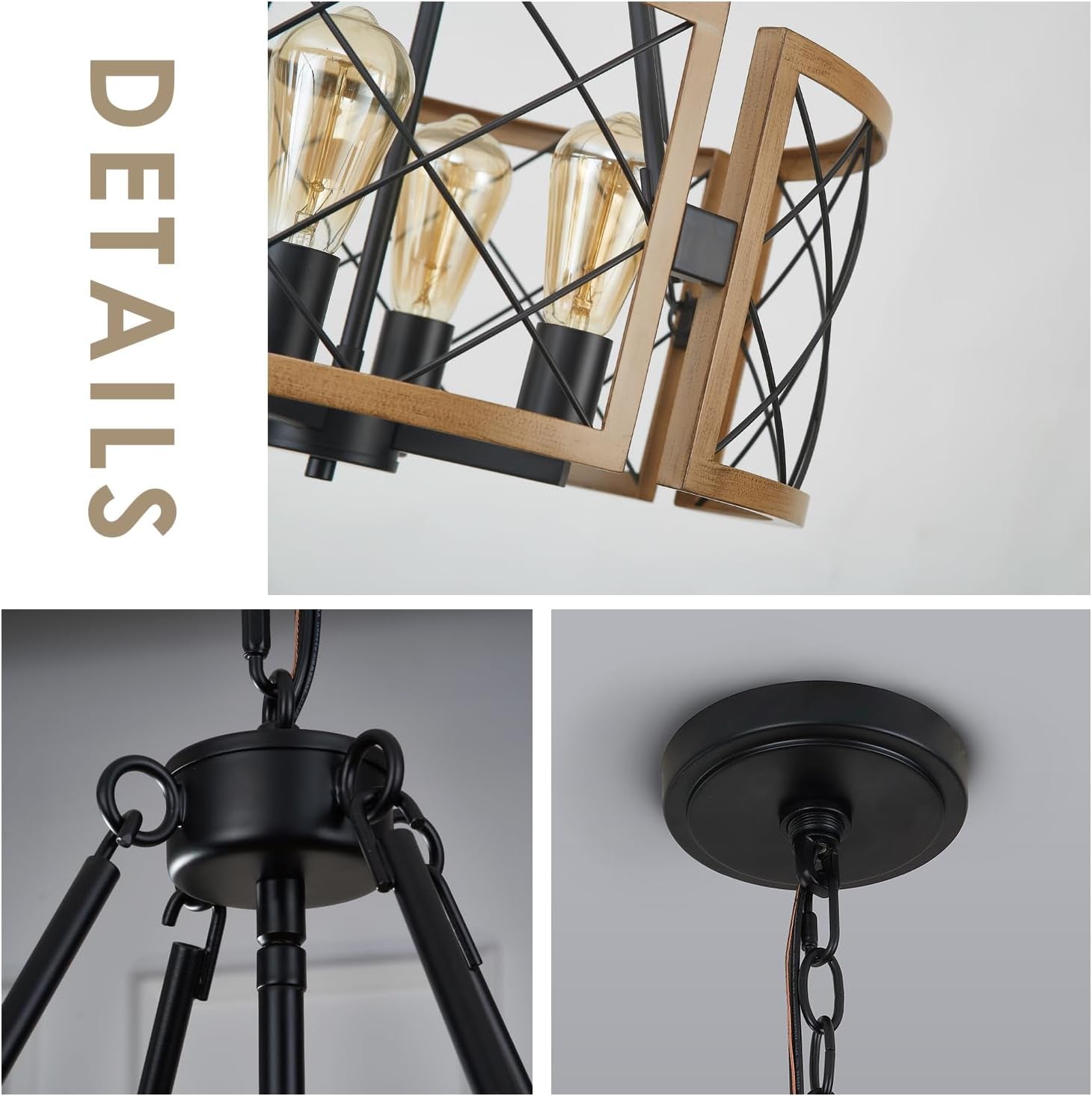 Black & Oak Farmhouse Chandelier – 4-Light Rustic Ceiling Fixture (19”)