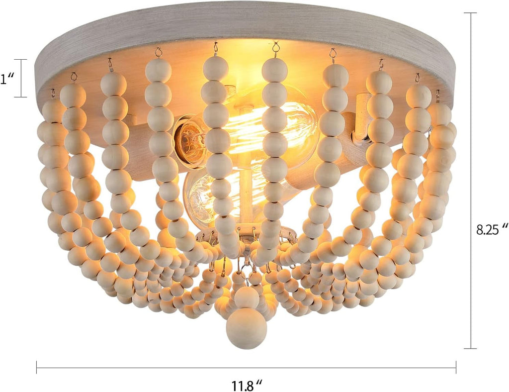 Oak Wood Beaded Flush Mount Chandelier – 2-Light Coastal Fixture