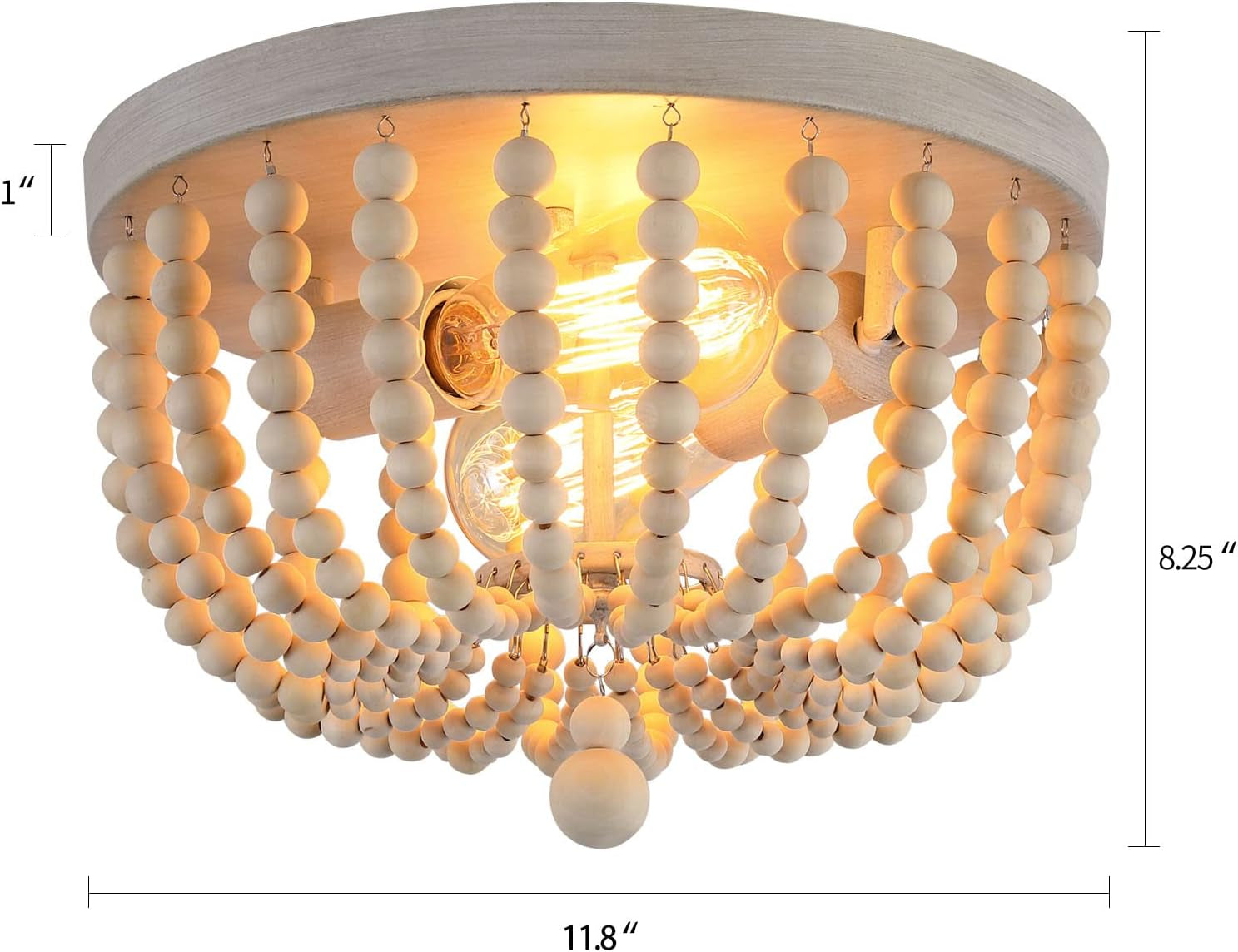 Oak Wood Beaded Flush Mount Chandelier – 2-Light Coastal Fixture