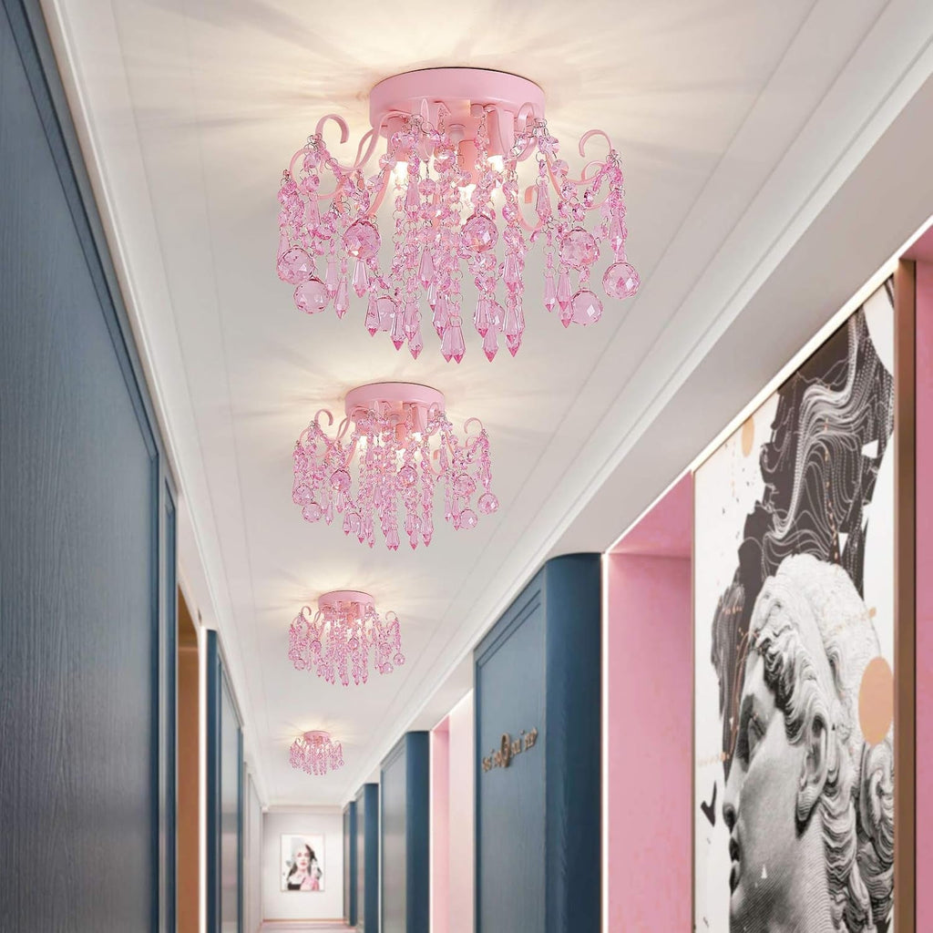 Pink Crystal Mini Chandelier – 3-Light Semi Flush Mount Ceiling Light