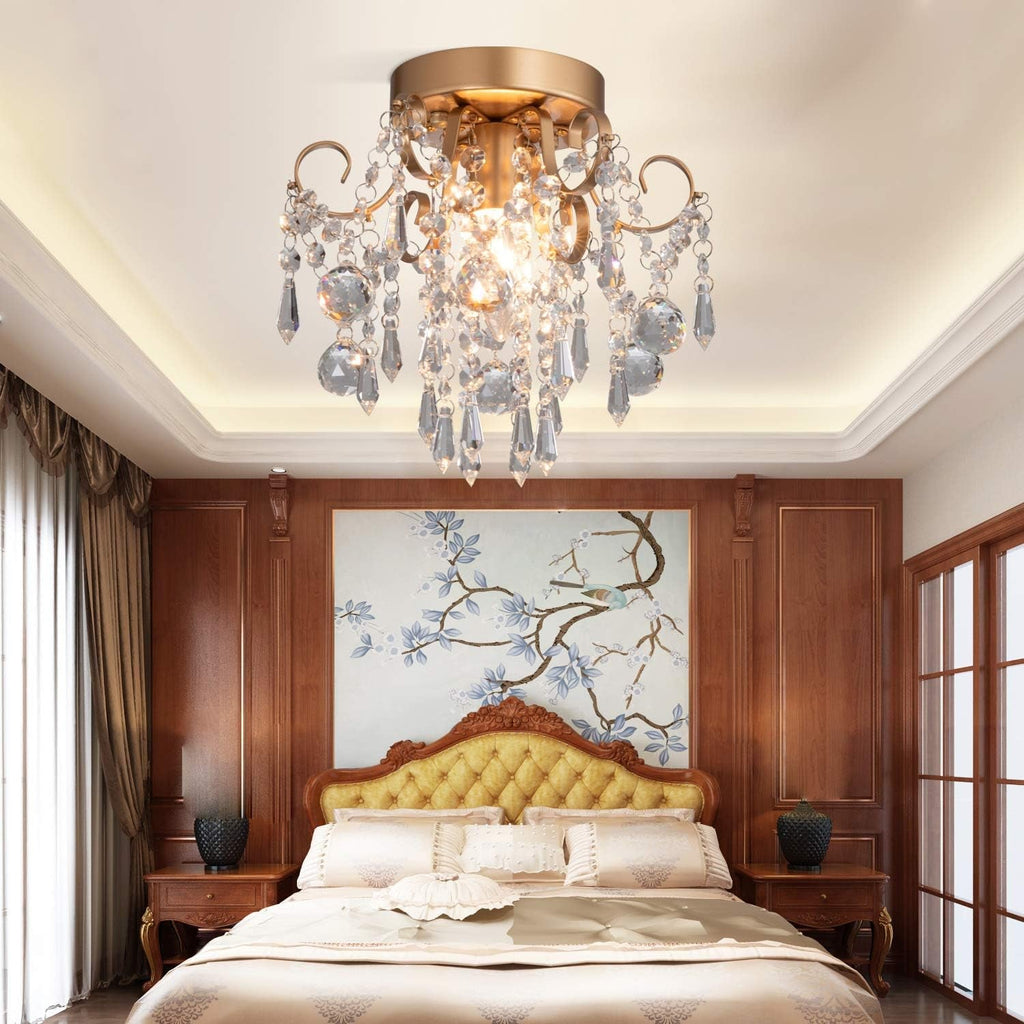Mini Gold Crystal Chandelier – Flush Mount Ceiling Light