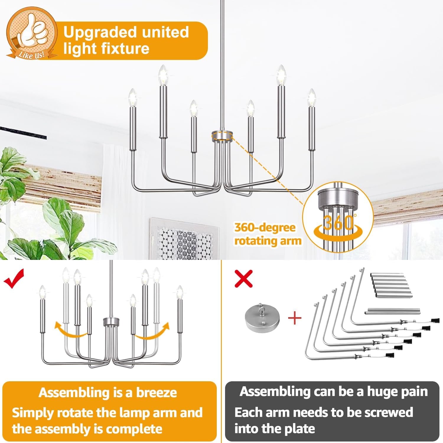 Brushed Nickel Farmhouse Chandelier – 6-Light Dining Room Fixture