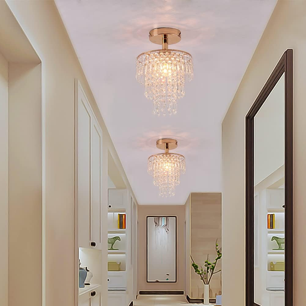 Mini Gold Crystal Chandelier – 3-Tier Raindrop Flush Mount Fixture