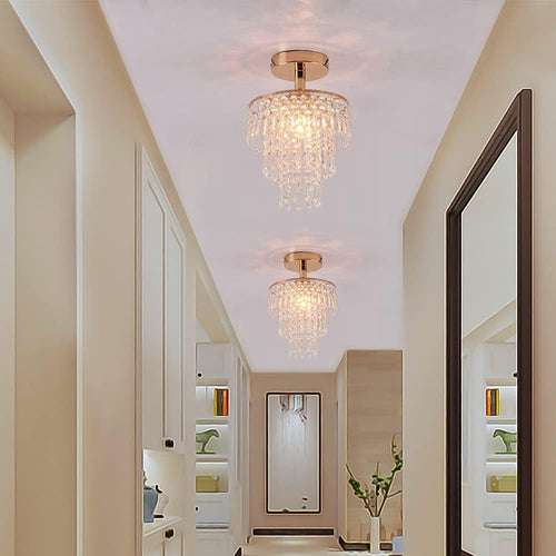 Mini Gold Crystal Chandelier – 3-Tier Raindrop Flush Mount Fixture