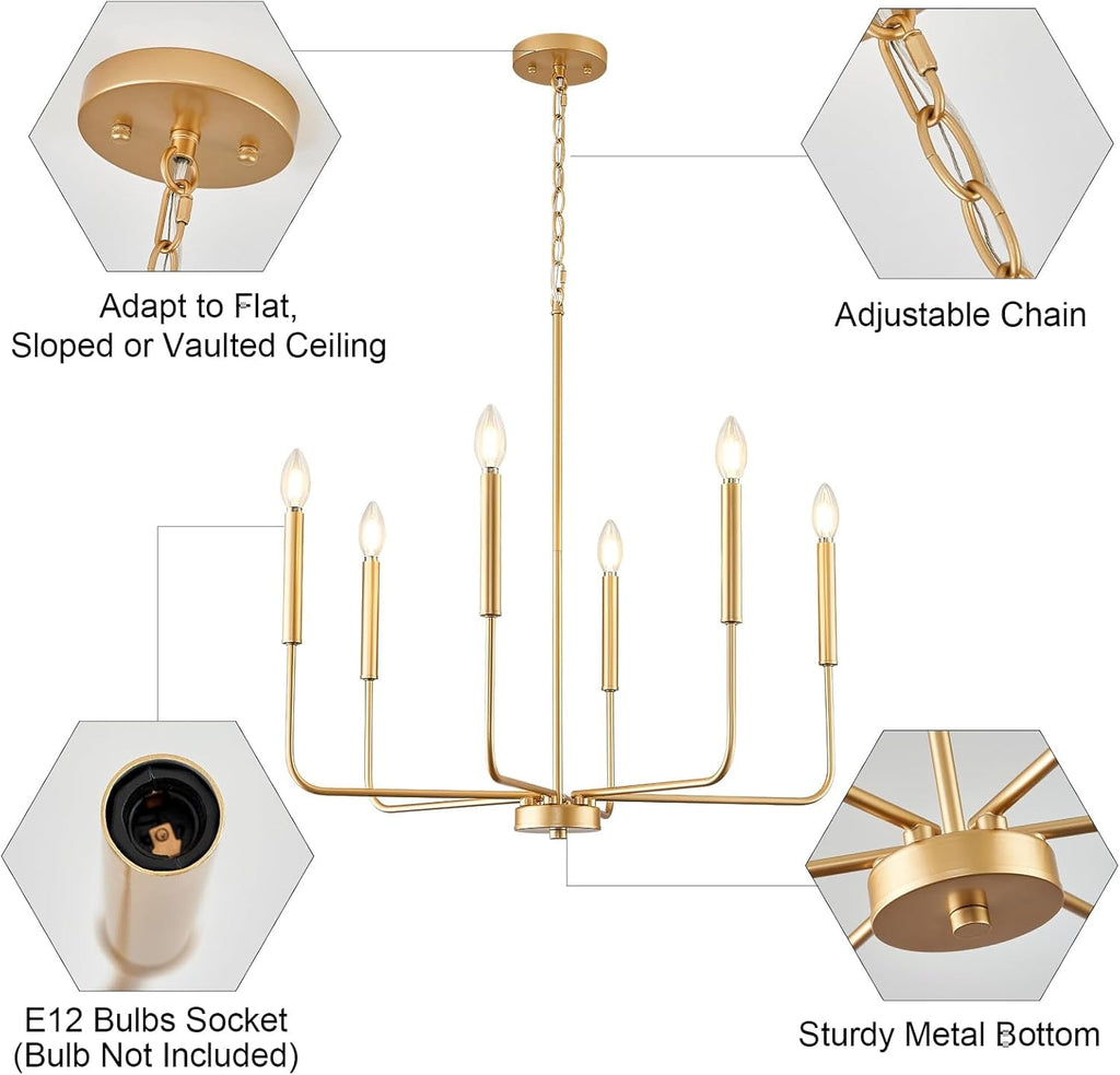 Modern Gold Candle Chandelier – 6-Light Dining Room Statement Fixture