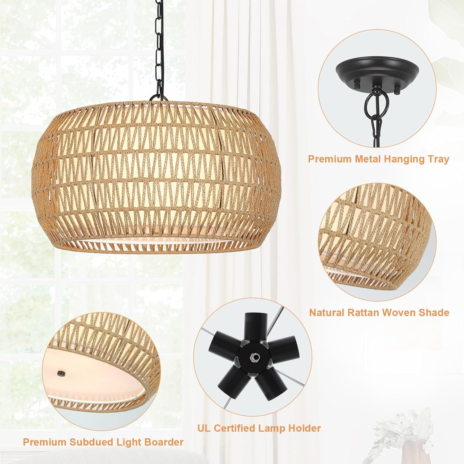 Rattan Farmhouse Chandelier – 5-Light Coastal Fixture with Fabric Shades