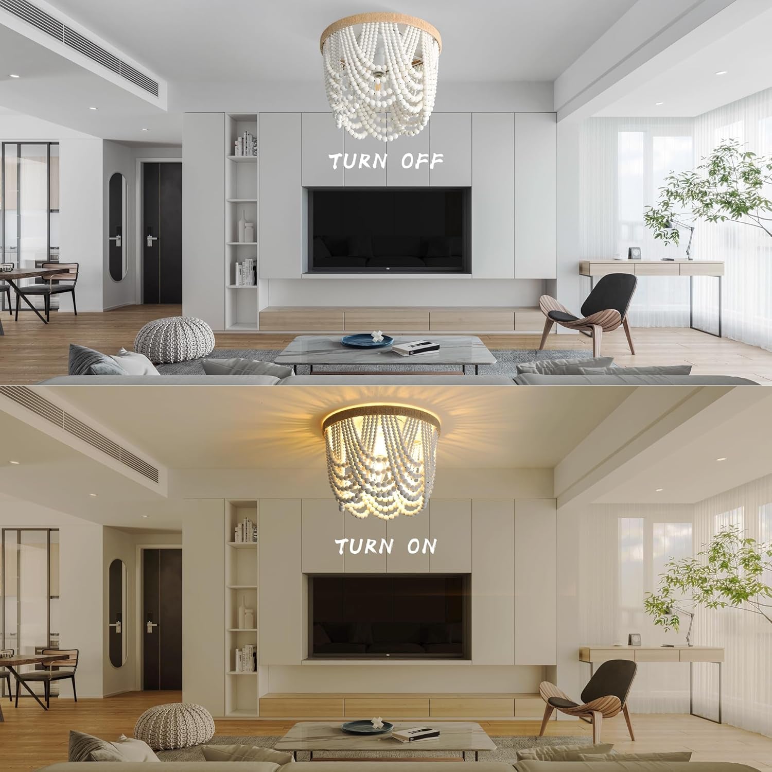 Coastal White Wood Beaded Chandelier – 3-Light Boho Ceiling Fixture