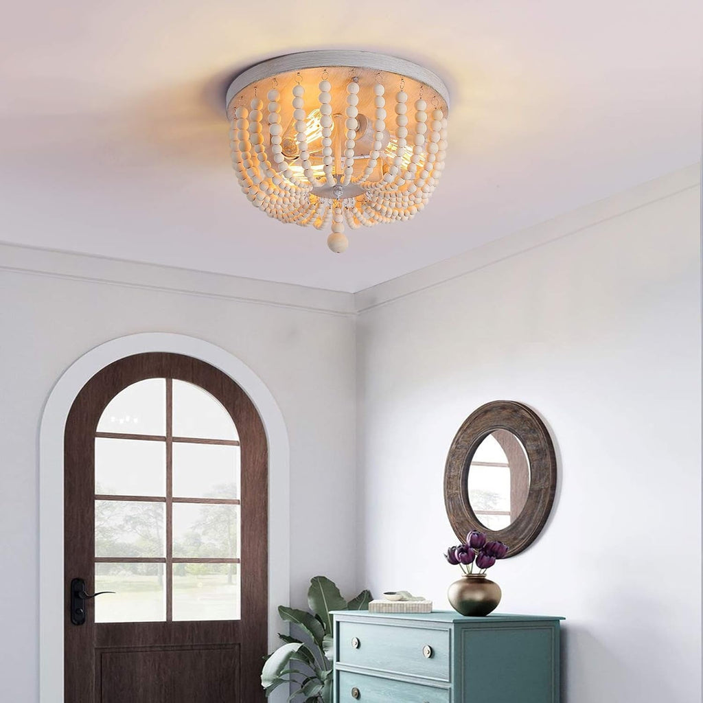 Coastal Wood Beaded Chandelier – 3-Light White Oak Ceiling Fixture