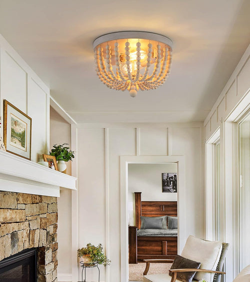 Oak Wood Beaded Flush Mount Chandelier – 2-Light Coastal Fixture