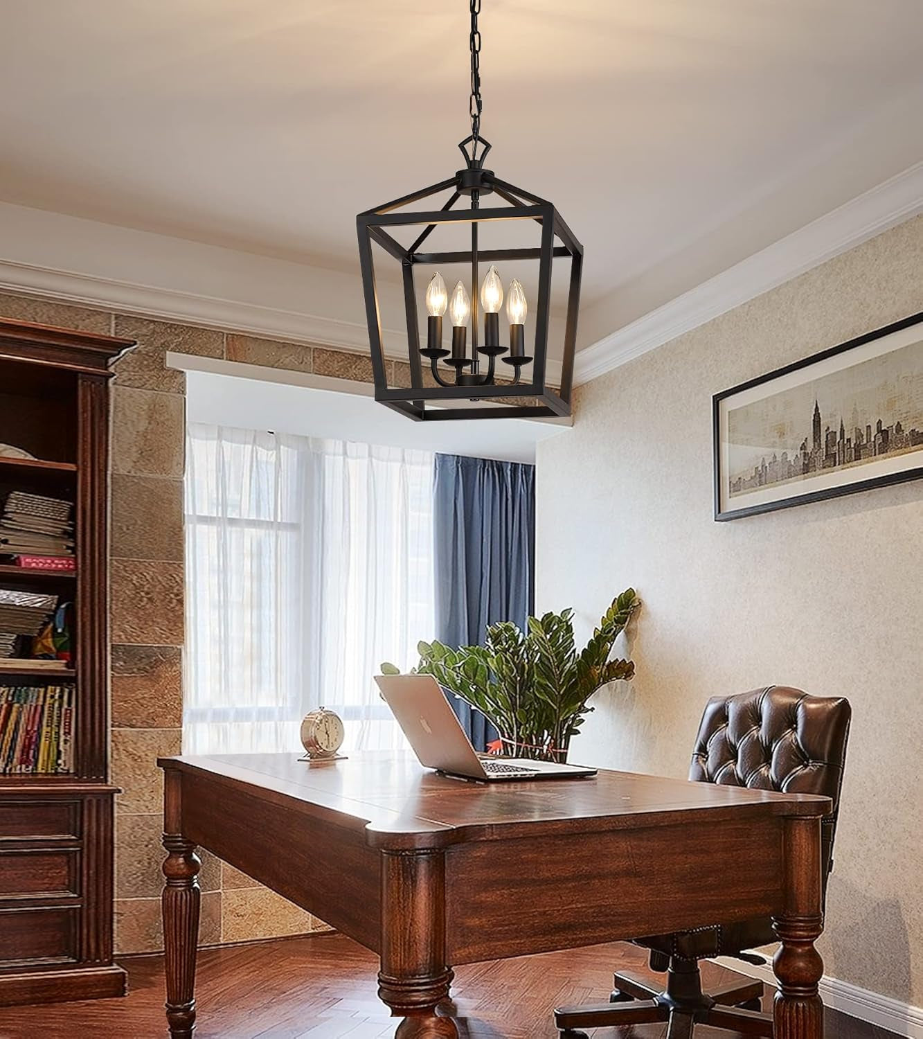 Black Lantern Farmhouse Chandelier – 4-Light Kitchen Ceiling Fixture