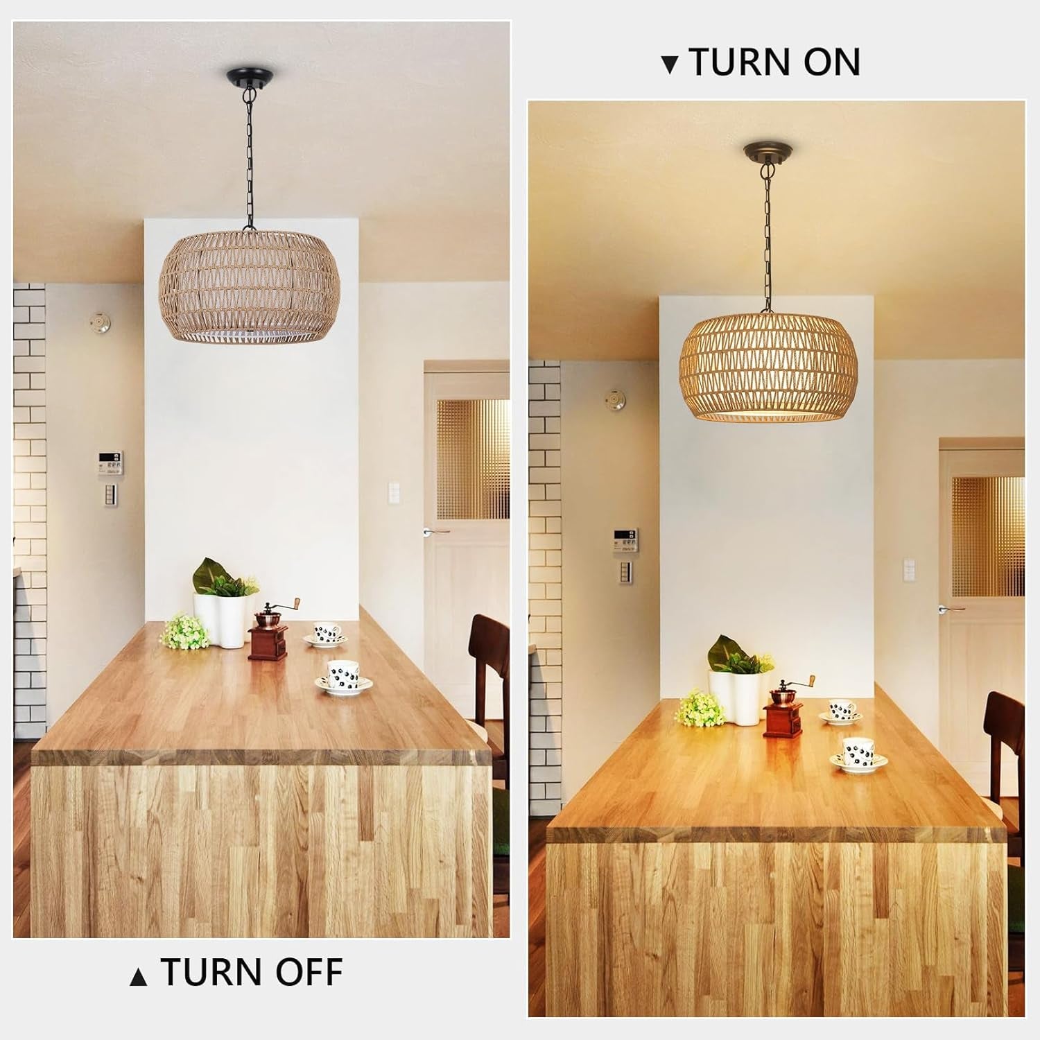 Rattan Farmhouse Chandelier – 5-Light Coastal Fixture with Fabric Shades