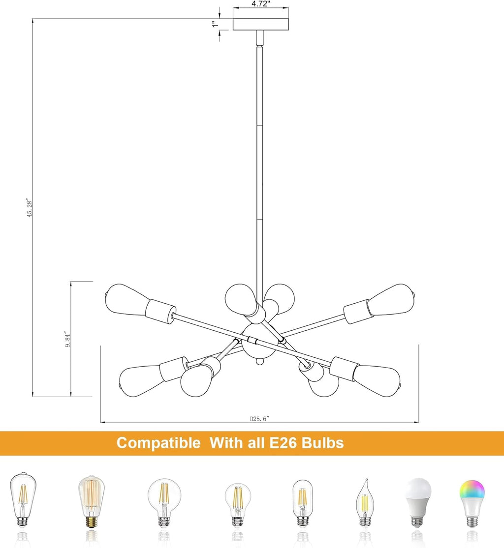 Modern Black & Gold Sputnik Chandelier – 8-Light Dining Room Fixture