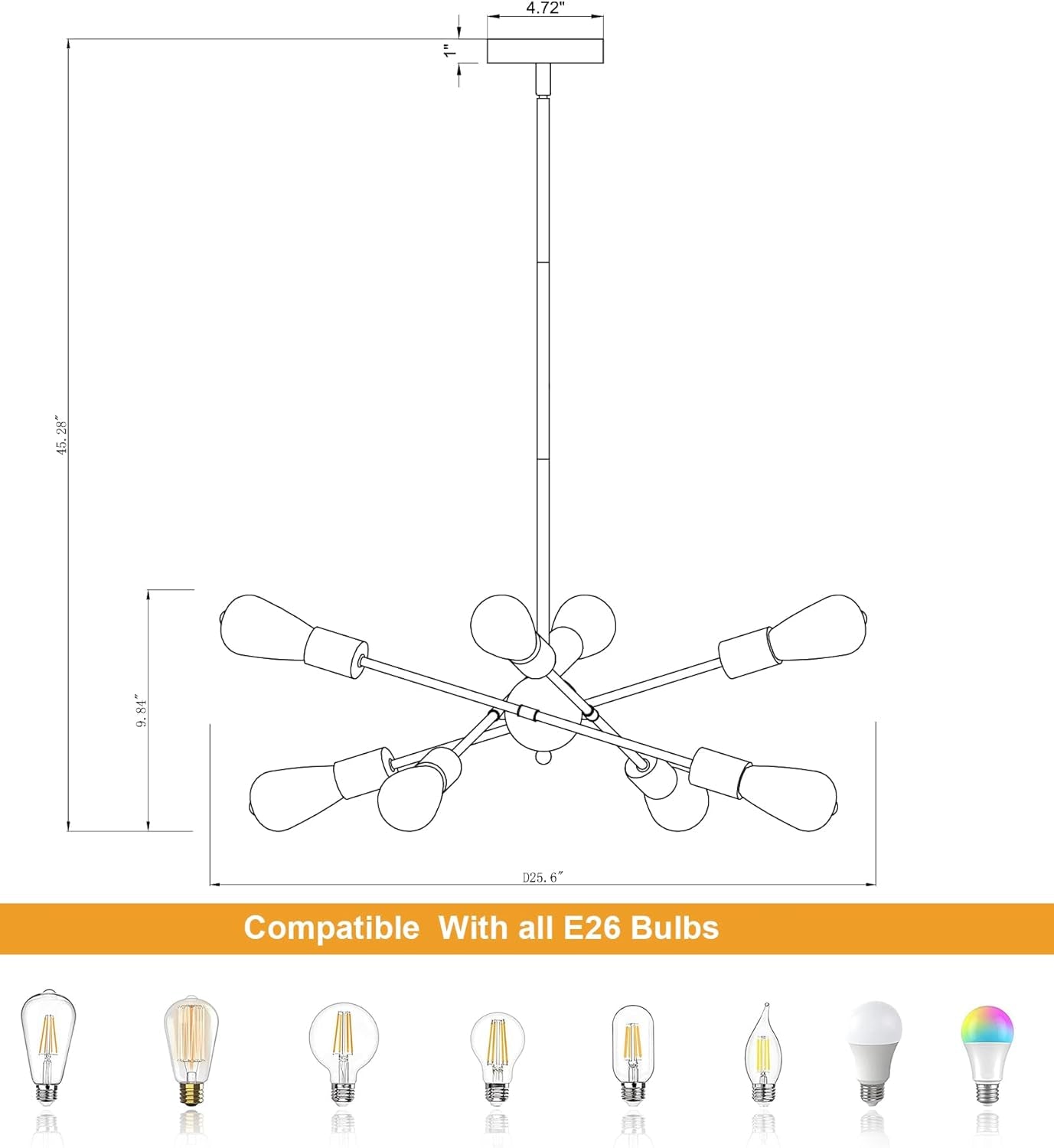 Modern Black & Gold Sputnik Chandelier – 8-Light Dining Room Fixture