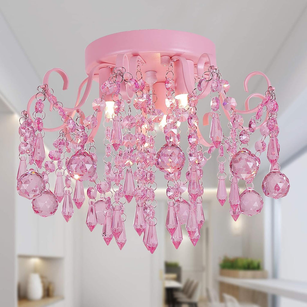 Pink Crystal Mini Chandelier – 3-Light Semi Flush Mount Ceiling Light