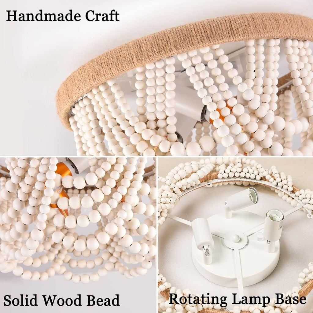 White Wood Beaded Flush Mount Chandelier – Coastal Boho 3-Light Fixture