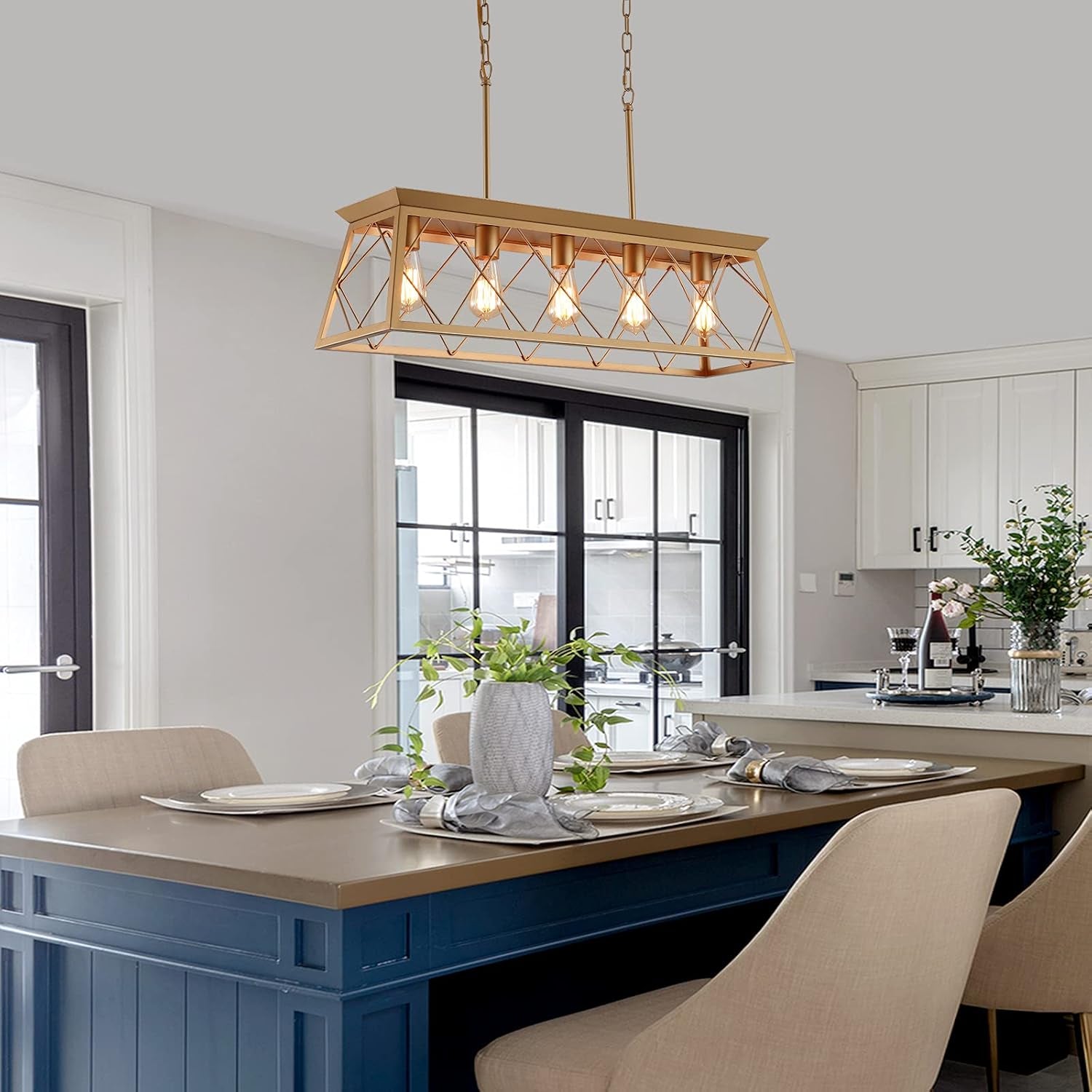 Gold Linear Farmhouse Chandelier – 5-Light Dining Room Ceiling Fixture