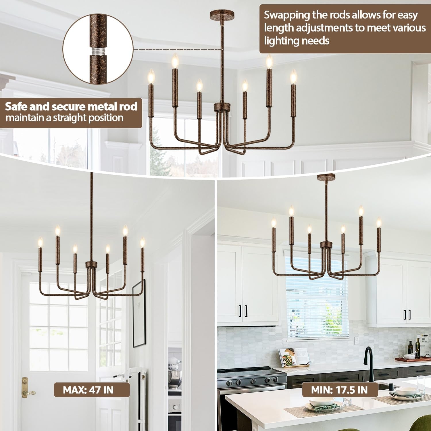 Rustic Black Farmhouse Chandelier – 6-Light Dining Room Fixture